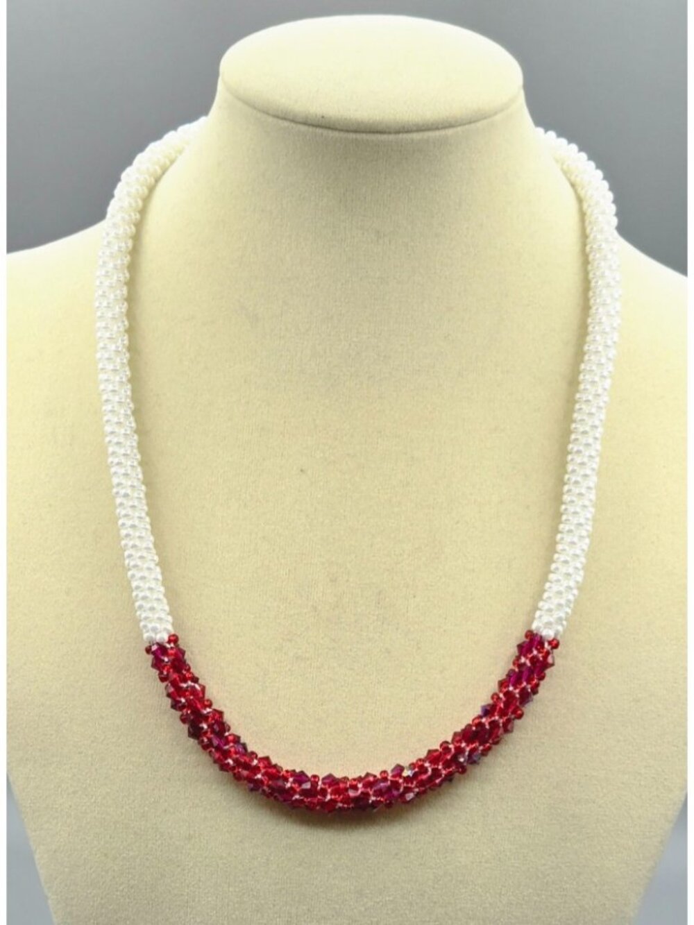 Handmade Medium Faux Pearl Seed Bead & Red Preciosa Bead Kumihimo Necklace 20"